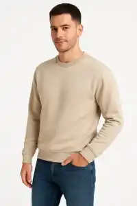 Erkek 3 İplik Pamuklu Düz Bisiklet Yaka SweatShirt - Bej