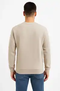 Erkek 3 İplik Pamuklu Düz Bisiklet Yaka SweatShirt - Bej