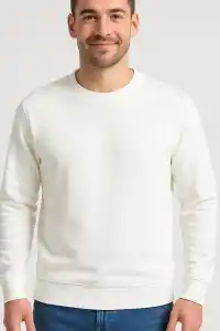 Erkek 3 İplik Pamuklu Düz Bisiklet Yaka SweatShirt - Beyaz