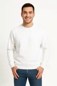 Erkek 3 İplik Pamuklu Düz Bisiklet Yaka SweatShirt - Beyaz