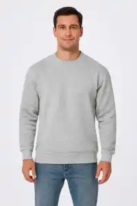 Erkek 3 İplik Pamuklu Düz Bisiklet Yaka SweatShirt - Gri