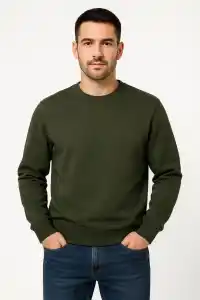 Erkek 3 İplik Pamuklu Düz Bisiklet Yaka SweatShirt - Haki