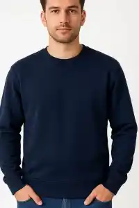 Erkek 3 İplik Pamuklu Düz Bisiklet Yaka SweatShirt - Lacivert