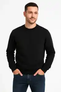 Erkek 3 İplik Pamuklu Düz Bisiklet Yaka SweatShirt - Siyah