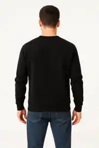 Erkek 3 İplik Pamuklu Düz Bisiklet Yaka SweatShirt - Siyah