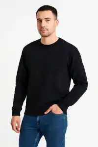 Erkek 3 İplik Pamuklu Düz Bisiklet Yaka SweatShirt - Siyah