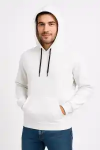 Erkek 3 İplik Pamuklu Kapüşonlu Kanguru Cepli SweatShirt hoodie - Beyaz