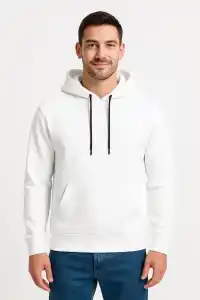 Erkek 3 İplik Pamuklu Kapüşonlu Kanguru Cepli SweatShirt hoodie - Beyaz