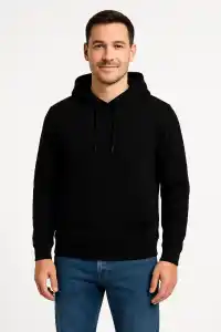 Erkek 3 İplik Pamuklu Kapüşonlu Kanguru Cepli SweatShirt hoodie - Siyah