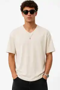 Erkek V Yaka Basic Tişört Kısa Kol Yazlık Regular Fit T-Shirt - Bej