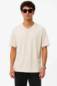Erkek V Yaka Basic Tişört Kısa Kol Yazlık Regular Fit T-Shirt - Bej