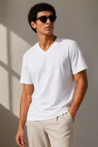 Erkek V Yaka Basic Tişört Kısa Kol Yazlık Regular Fit T-Shirt - Beyaz