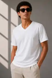 Erkek V Yaka Basic Tişört Kısa Kol Yazlık Regular Fit T-Shirt - Beyaz
