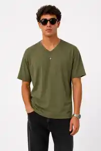Erkek V Yaka Basic Tişört Kısa Kol Yazlık Regular Fit T-Shirt - Haki