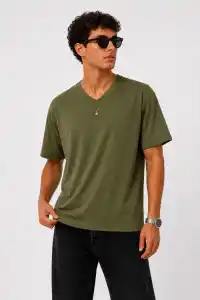 Erkek V Yaka Basic Tişört Kısa Kol Yazlık Regular Fit T-Shirt - Haki