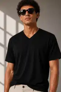 Erkek V Yaka Basic Tişört Kısa Kol Yazlık Regular Fit T-Shirt - Siyah