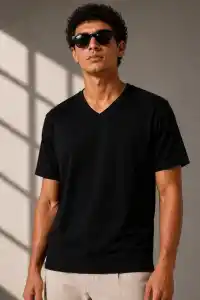 Erkek V Yaka Basic Tişört Kısa Kol Yazlık Regular Fit T-Shirt - Siyah