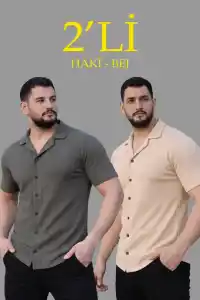 Erkek Waffle Dokuma Kumaş Açık Yakalı Düğmeli Gömlek 2’li Set Haki-Bej