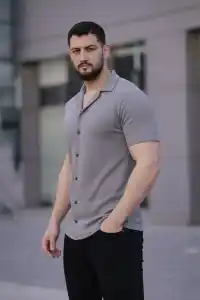 Erkek Waffle Kumaş Açık Yakalı Düğmeli Regular Fit Gömlek 2’li Set Lacivert-Gri