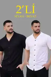 Erkek Waffle Kumaş Açık Yakalı Düğmeli Regular Fit Gömlek 2’li Set Siyah-Beyaz