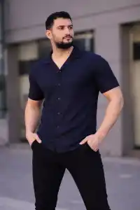 Erkek Waffle Kumaş Yakalı Kısa Kol Düğmeli Gömlek 3’lü Set Siyah-Haki-Lacivert