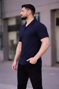 Erkek Waffle Kumaş Yakalı Kısa Kol Düğmeli Gömlek 3’lü Set Siyah-Haki-Lacivert