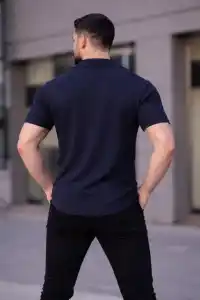Erkek Waffle Kumaş Kısa Kollu Düğmeli Açık Yaka Regular Fit Gömlek - Lacivert