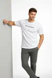 Erkek Wafıl Kumaş Tişört Regular Kalıp Bisiklet Yaka Baskılı T-Shirt - Beyaz