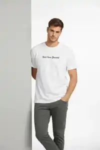 Erkek Wafıl Kumaş Tişört Regular Kalıp Bisiklet Yaka Baskılı T-Shirt - Beyaz