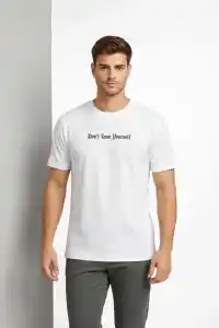 Erkek Wafıl Kumaş Tişört Regular Kalıp Bisiklet Yaka Baskılı T-Shirt - Beyaz