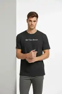 Erkek Wafıl Kumaş Tişört Regular Kalıp Bisiklet Yaka Baskılı T-Shirt - Siyah
