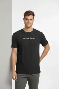Erkek Wafıl Kumaş Tişört Regular Kalıp Bisiklet Yaka Baskılı T-Shirt - Siyah