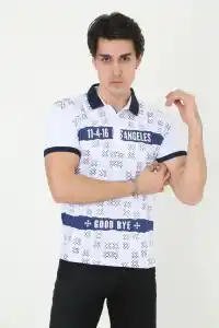 Erkek Polo Yaka Tişört Slim Fit Baskılı Kısa Kol T-Shirt - Beyaz