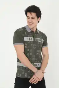 Erkek Polo Yaka tişört Slim Fit Baskılı Kısa kol T-Shirt - Haki