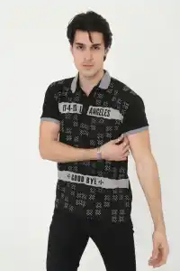 Erkek Polo Yaka tişört Slim Fit Baskılı Kısa kol T-Shirt - Siyah