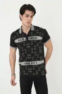 Erkek Polo Yaka tişört Slim Fit Baskılı Kısa kol T-Shirt - Siyah