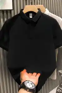 Erkek Polo Yaka Tişört Düğmeli Pike Düz T-Shirt - Siyah