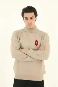 Erkek Yarım Bağazlı Kazak Baskılı Dokuma Triko - Bej