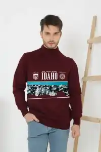 Erkek Yarım Bağazlı Kazak Baskılı Dokuma Triko - Bordo
