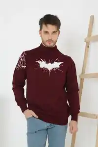 Erkek Yarım Bağazlı Kazak Baskılı Dokuma Triko - Bordo