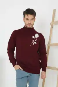 Erkek Yarım Bağazlı Kazak Baskılı Dokuma Triko - Bordo