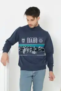 Erkek Yarım Bağazlı Kazak Baskılı Dokuma Triko - Indigo