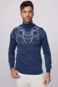 Erkek Yarım Bağazlı Kazak Baskılı Dokuma Triko - ndigo