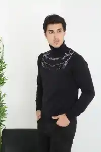 Erkek Yarım Bağazlı Kazak Baskılı Dokuma Triko - Siyah