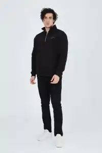 Erkek Yarım Fermuarlı Baskılı 3  iplik pamuklu sweatshirt - Siyah