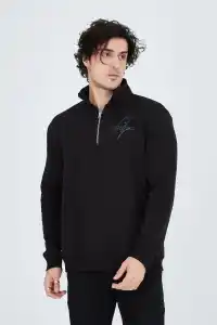 Erkek Yarım Fermuarlı Baskılı 3  iplik pamuklu sweatshirt - Siyah