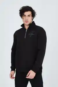 Erkek Yarım Fermuarlı Baskılı 3  iplik pamuklu sweatshirt - Siyah