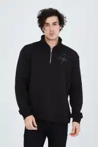 Erkek Yarım Fermuarlı Baskılı 3  iplik pamuklu sweatshirt - Siyah
