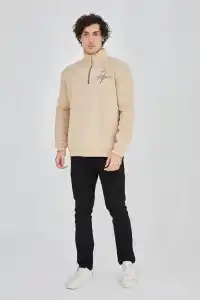 Erkek Yarım Fermuarlı Baskılı 3 iplik pamuklu sweatshirt - Bej