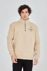 Erkek Yarım Fermuarlı Baskılı 3 iplik pamuklu sweatshirt - Bej